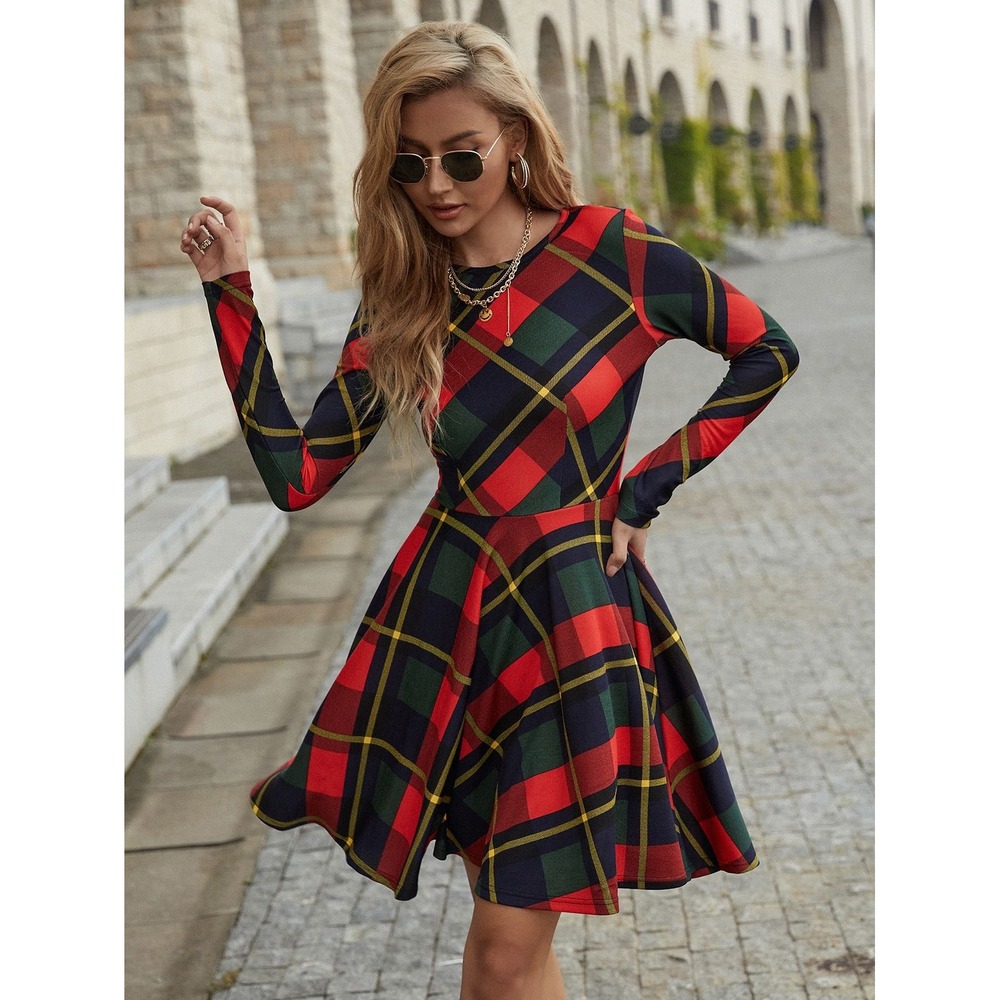 Shein Womens Plaid Long Sleeve Fit and Flare Skater Dress Red Green M‎ 6
